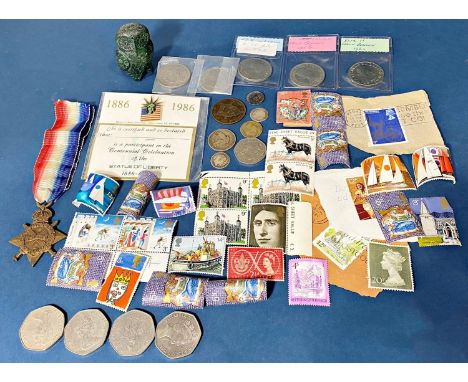 A 1914/15 Star awarded 21549 Pte J T Smith, Yorkshire Light Infantry together with a small collection of coinage and stamps 