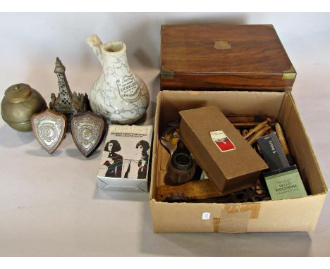 A miscellaneous collection of items including, a brass banded rosewood writing box, an earthenware inhaler made by S Maw Son 