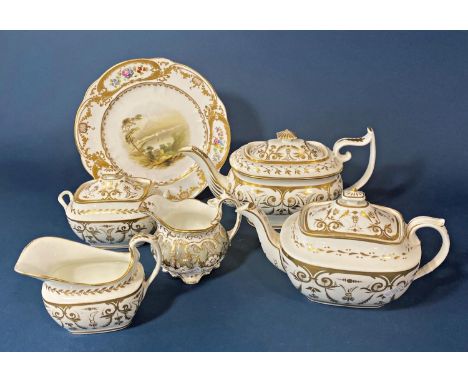 A four piece Swansea tea service comprising two teapots of varying shape, sucrier and milk jug decorated with swags and anthe