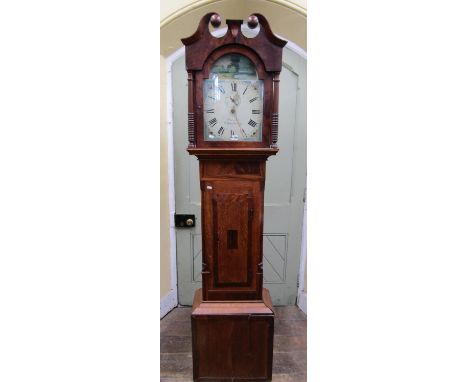 A mid 19th century oak and mahogany cottage longcase clock with broken arch painted dial, floral spandrels and 30 hour striki