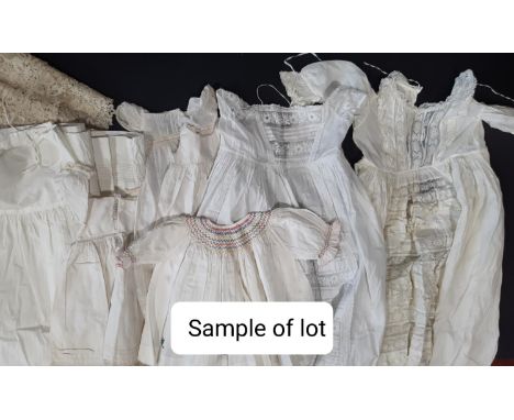 Collection of late 19th / early 20th century white baby gowns including 2 very long gown with elaborate lace and embroidered 