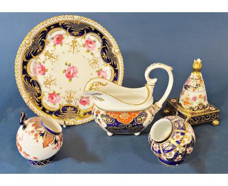 A 19th century Davenport pastille burner, two Crown Derby salts, Derby creamer, Chamberlains Worcester dessert plate (5) 