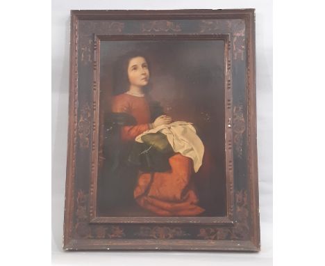 After Francisco de Zurbaran (1598-1664), 'Virgin Mary as a Child', print on board, 55 x 40 cm in ornate frame with scrolling 