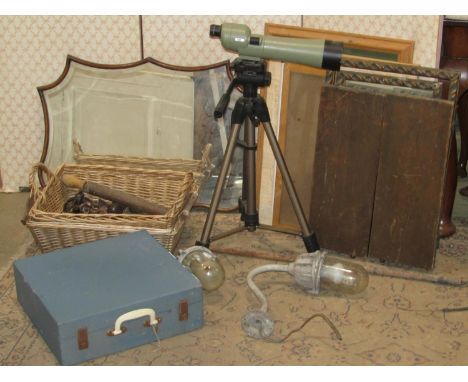 One lot of miscellaneous vintage and later items to include portable cased picnic set, three mirrors of varying design, a Opt
