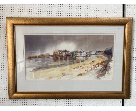 Watercolour painting of coastal town (contemporary), watercolour on paper, indistinctly signed and dated 2002 lower right, do