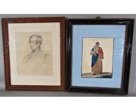 Two framed portraits (19th Century), quarter portrait of a gentleman, pencil on paper, 18 x 21 cm; together with full portrai