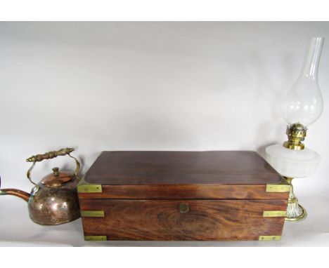 A large mahogany military writing box with brass banding, 55cm wide (As Found), a 19th century brass lantern with two candle 