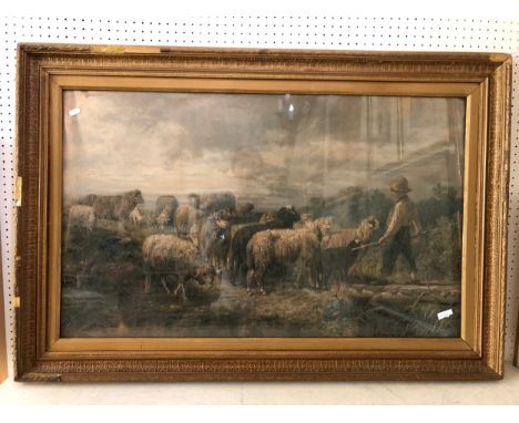 After Anton Braith (1836-1905), 'Shepherd Boy with Sheep', oleograph print, signature in print lower left, 100 x 64 cm, ornat
