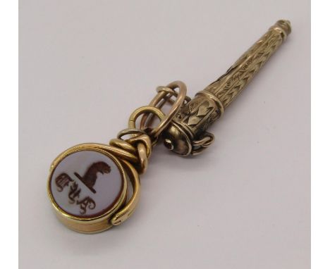Yellow metal swivel seal fob set with bloodstone and intaglio-cut agate with crest and initials 'AFD' and a further yellow me