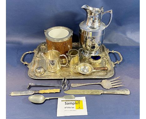 A mixed selection of silver plated table ware including a double handled bowl, trays, loose flatware, a biscuit barrel and st