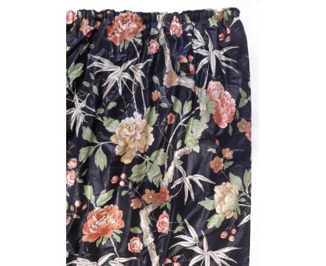 Pair of curtains in glazed floral cotton with floral print on black ground, lined and thermal lined with pencil pleat heading