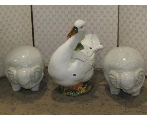 An Italian ceramic tureen in the form of a goose complete with lid and ladle 41 cm high together with two crackle glazed cera