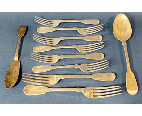 Victorian silver flatware, varied makers including two main forks, six side forks, a serving spoon and a single fish knife, 1