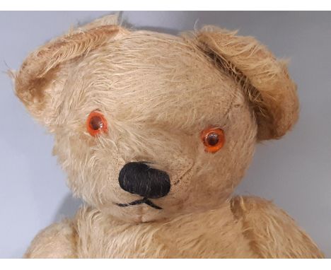 Mixed collection including a vintage teddy, possibly by Merrythought, with stitched nose and mouth and glass eyes, height 39c