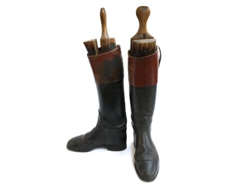 A pair of David Davies black leather gent's hunting boots with mahogany leather tops, with wooden trees, size 8/8.5 