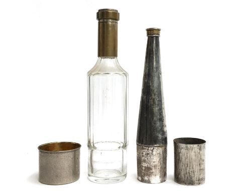 A silver plate conical saddle flask by James Dixon &amp; Sons with removable beaker, 25.5cmH; together with a cut glass saddl