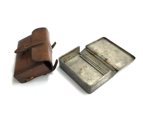 A metal hunting sandwich box by James Dixon &amp; Sons, Sheffield, in leather case with saddle straps