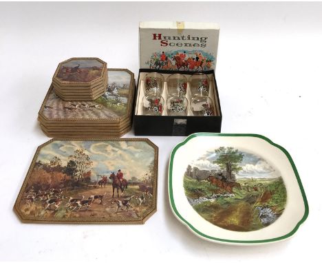A set of 6 glass topped table mats and coasters with one other depicting foxhunting scenes; a singles three light candelabra;