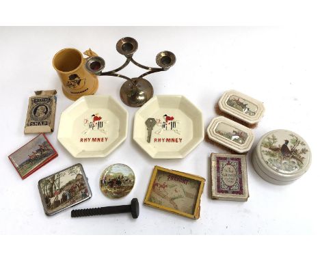 A pair of Rhymney Brewery ashtrays or pin dishes; a cigarette case with hunting scenes; a box of three cotton handkerchiefs; 