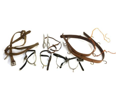 A mixed box of leather work and hunting kit, to include two pairs of Prince of Wales spurs 