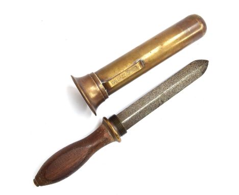 An early 20th century diver's knife, with flat double edged blade, threaded brass hilt, flat sided rosewood handle and brass 