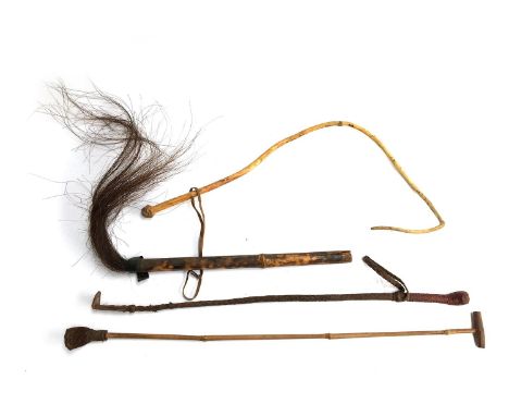 A 19th century bamboo and horse hair fly whip, together with a plaited leather riding whip, a small bamboo riding whip in the