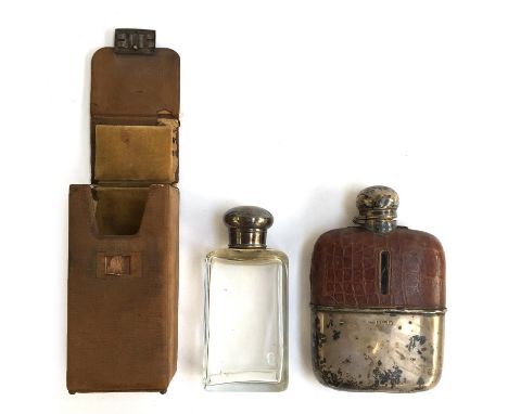 A silver and crocodile leather hip flask with hinged top by Barrett &amp; Thompson, Birmingham 1914, 13.5cmH, together with a