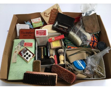 A mixed box of gents accessories to include hair and shoe polish accessories, buttons, Blakey's football boot studs spanner, 