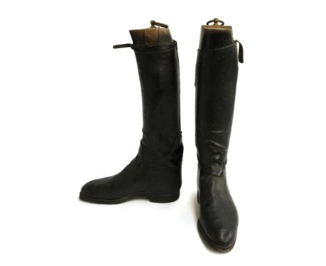 A pair of gent's black hunting boots, some patching, approximately size 8, with Maxwell of London wooden trees 