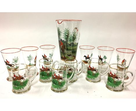 A 20th century hand painted set of glasse and jug, decorated with hunting scenes 