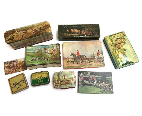 A collection of vintage hunting tins including a  'Tally-Ho' tin decorated with hunting scenes, a Martins sweet tin; an Exmoo