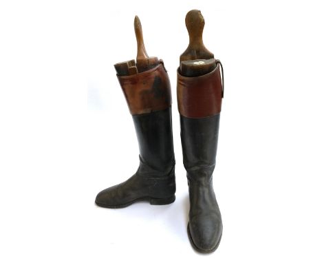 A pair of David Davies black leather gent's hunting boots with mahogany leather tops, with Jackson of Grosvenor Street trees,
