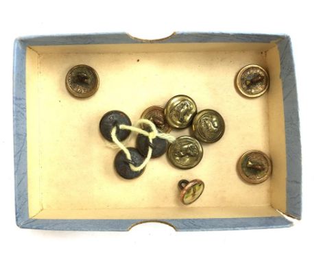 Selection of brass buttons some decorated with eagles and rabbits together with a futher enamel button depicting a fisherman 