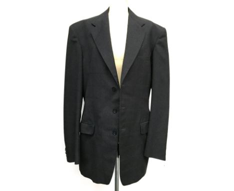 A gents three piece grey light check wool suit, John Hazzard &amp; Son Sherborne 1956, with turnups, 44" chest, 36" waist, 36