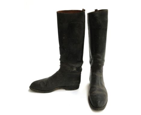 A pair of well patched gent's black leather hunting boots, approximately size 8.5 