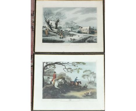 Two 19th century colour engravings: 'Snipe Shooting No.16', and 'Fox Hunting No.4', together with two others (4) 