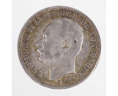 3 Mark Friedrich II Grossherzog von Baden 1911 G Silbermünze Drei Mark Deutsches Reich 1911, so um gekrönten Reichsadler mit 