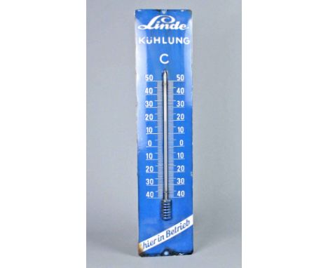 emailliertes Wandthermometer *Linde* hochrechteckiges leicht gewölbtes Emailleschild, *Linde Kühlung hier in Betrieb*, Thermo