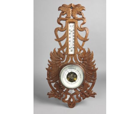 Barometer Doppeladler Eichenholz von Hand beschnitzt, großer Doppeladler der das runde Barometer sowie das Thermometer mit Po