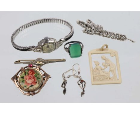 Posten Jugendstil und Art Deko Schmuck Silber, Schaumgold, Gold- und Rhodium-Auflage u.a., dabei Jugendstil-Ohrringe mit rund