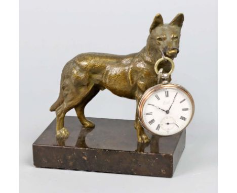 figürlicher Taschenuhrenständer Bronzefigur Schäferhund, H ca. 11 cm, auf rechteckigem Serpentin Sockel von ca. 12 x 7 cm ste