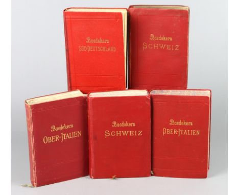 5 Baedeker Bände je im klassisch roten Leinenband mit goldgeprägtem Titel, dabei  *Oberitalien* mit Ravenna, Florenz und Livo