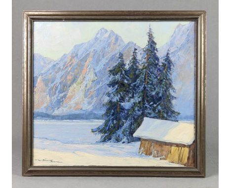 Winter im Gebirge - Münnich, Hans Öl auf Hartfaser, links unten signiert H. Münnich Chtz., umseitig montierter Namensvermerk 