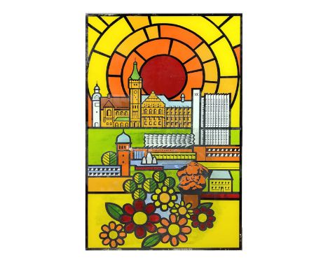 Wahrzeichen Karl-Marx-Stadt 1970er Jahre große rechteckige Glasscheibe von ca. 59,5 x 96 cm, umseitig farbig beklebt, Darstel