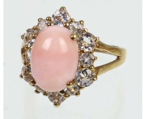 rosa Opal Ring punziert Silber 925, komplett in Gelbgold 14 Karat vergoldet, ca. 6,6 Gramm, quer zur Ringschiene gestellter R