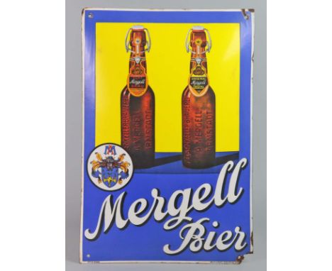 *Mergell Bier* Emailleschild hochrechteckige gewölbte Form, Pyro-Email, Boos & Hahn Ortenberg Baden, zweizeilige Aufschrift *