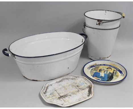 A Collection of White Enamel Wares and Two Printed Trays 