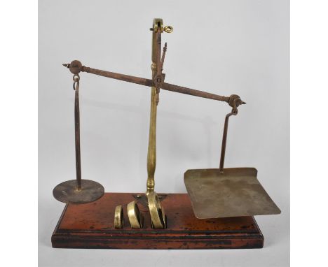 A Set of Brass and Iron Postage Scales on Mahogany Plinth Base, Complete with Three Graduated Brass Weights, Unrelated, Stamp