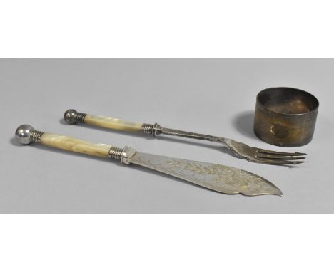 A Mother of Pearl Handled Pickle Fork and Matching Butterknife Together with Silver Napkin Ring with Engine Turned Decoration