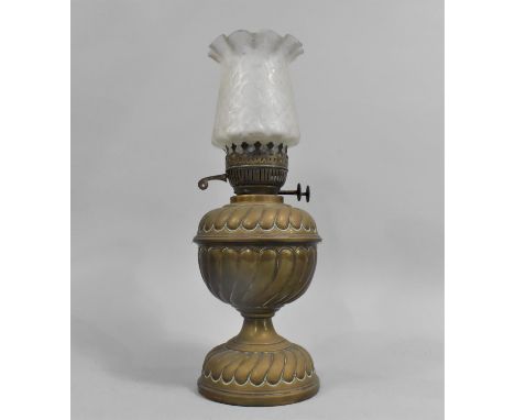 A Late 19th Century Brass Oil Lamp with Etched Glass Shade, 38cm high 